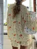 Women's Sleepwear Y2k 2 Piece Pajama Set for Women Cute Floral Fruit Print Long Sleeve Button Shirt Side Split Shorts Outfits