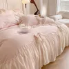 Korean Style Chiffon Lace Bedding Set Pink France Romantic Princess Wedding Bedclothes Ruffles Bow Soft Duvet Cover Bed Sheet Pill219i
