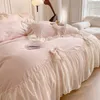 Set biancheria da letto in pizzo chiffon stile coreano Rosa Francia Romantica principessa Biancheria da letto da sposa Volant Fiocco Copripiumino morbido Lenzuolo Federe Tessili per la casa Migliore qualità