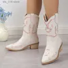 Boots Mix Color Printed Western Cowboy Boots Women Chunky Heels Slip-On Mid Calf Boots Woman 2023 Autumn Pointed Toe High Tube Booties T230927