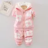 Clothing Sets Baby Girls Flower Cartoon Thickk Woolen Autumn Winter Hoodied Jacket Coat Pants Set Children Kids Warm Clothes Suits 230927