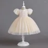 Vestidos de niña, vestido de Boda de Princesa con manga de burbuja y flores, vestido de baile hasta el tobillo con cuello redondo para eventos de bodas y bebés