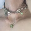 Gargantilha punk vintage série verde borboleta pingente moeda colar para mulheres estética estilo chinês incomum pescoço corrente jóias
