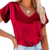 Blusas femininas soltas manga curta cetim com decote em v camisa feminina 2023 verão bolso elegante seda casual topos sólidos senhoras blusa 26155