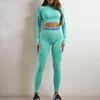 Calça feminina de duas peças, conjunto de roupa de ioga sem costura para academia, trabalho com buraco para o polegar, manga comprida, top crop, cintura alta, legging