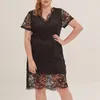 Plus size vestidos de cintura alta senhora vestido elegante renda com decote em v festa floral bordado camadas duplas na altura do joelho baile banquete