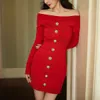 911 L 2023 Milan Style Runway Dress Autumn Slash Neck lONG Sleeve Red Mid Calf Brand Same Style Empire Womens Dress Fashion oulaidi