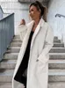 Women's Wool Blend Faux Leather Turndown Collar Belt PU Overcoat Warm Loose Long Sleeve Female Midi Jacket Cool Lady Elegant Pocket Coat 230926