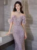 Mermaid Modest Shiny Mother Of The Bride Dresses High Neck Plus Size Purple Bling Wedding Guest Dress Lace Appliqued Princess Sequined Evening Gowns Tail Dress