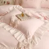 Korean Style Chiffon Lace Bedding Set Pink France Romantic Princess Wedding Bedclothes Ruffles Bow Soft Duvet Cover Bed Sheet Pill219i