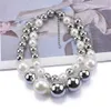 Chokers ZA Fashion Double Layer Imitation Pearls Large Collar Choker Necklace Women Silver Color Acrylic Beads Necklace Jewelry 230927