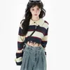 Women's Sweaters Y2K Striped Knitted Sweater Autumn Loose Sweet Kawaii College Style Retro Lapel Crop Top Hit Color Design Pullover