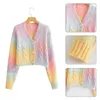 Women's Knits Tees Women Puff Long Sleeve Sweater Cardigan Twist Cable Knitted V-Neck Knitwear Coat Button Down Gradient Rainbow Jacket 230927