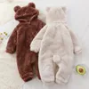 Rompers Winter Warm Hoodied Baby Rompers for Boys Girls Bear Ear Hood Fleece Onesies Spädbarn Jumpsuits Pyjamas Sleepwear Toddler Övergripande 230927