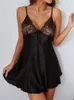 Vestidos casuais S-XL sem mangas profundo decote em v renda transparente vestido deslizamento camisola vestido sexy babydoll lingerie brilhante minifalda jupe