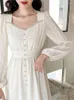 Sukienki swobodne francuskie kwadratowe kołnierz szyfon maxi sukienka elegancka kobiety pojedyncza piersi przycisk wysoki talia One Piece Korean