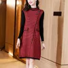 Casual Dresses 2023 Autumn And Winter Chic Red Black Plaid Knitted Sweater For Women Long Sleeve Turtlenecks Mini Bottoming Dress