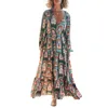 Robes décontractées Femmes Boho Maxi Robe À Manches Longues Col En V Taille Haute Bohème Fleur Imprimer Coupe Ample Swing