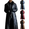 Men's Trench Coats Men Faux Leather Jacket Long Coat Stylish Windproof Streetwear With Turn-down Collar