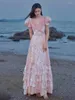 Runway Dresses Sweet Pink Celebrity V-neck Pearl Floral Puff Sleeve A-line Sequins Detachable Bow Quinceanera Evening Prom Formal Gowns