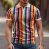 ملابس DIY مخصصة Tees Polos Rainbow Stripe Printing Men Short Sleeve Button Printing Disual Polo Shirt