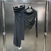 Vestidos de trabajo BORVEMAYS Otoño Manga larga Color sólido Plisado Camiseta irregular Cintura alta Faldas hasta la rodilla Conjuntos de dos piezas que combinan con todo