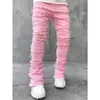 Mens Hoodies Sweatshirts Skinny Jeans Fringe Hiphop Raw Edge Elastic Patch Punk Rock Long Tight Fit Stacked Denim Pants Blue Pink Streetwear 230927