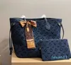 umbo Denim Shopping Bag with Leather Handle Little Coin Purse Large Capacity Outdoor Shoulder Handbag Tote