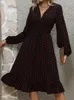 Vestidos casuales Boho vestido de impresión mujeres elegante vintage lunares volantes oficina damas otoño manga larga cuello en v delgado midi