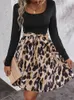 Casual Dresses Elegant Chic Women Leopard Patchwork långärmad klänning en linje o nack slips hög midja bälte kort kjol 2023