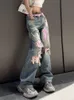 Kadınlar Sokak Pembe Panel Yıkılmış Kotlar Kadınlar Retro Street Hip Hop Moda gevşek düz yüksek bel kot pantolon