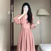 Casual Dresses 2023 French Style Pink Elegant Women's Long Dress Spring Autumn Temper High midje Beach Walking Fairy