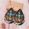 Dangle Chandelier Boucles d'oreilles Western Tournesol Cowe Turquoise Croix Imprimer Pu Cuir Larme Pour Femmes Vintage Grand Bijoux Drop Deliv Dh8Ij