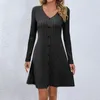 Casual Dresses Women's Autumn And Winter Solid V Neck Fashion Button Waist Long Sleeve Dress Sports For Women