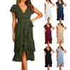 Casual Dresses Personality Solid Color V Neck Sexy Dress Simple And Exquisite Summer For Women With Pockets Tee Shirt Knee Length