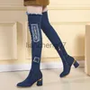 Bottes Femmes Denim Bottes Sur Le Genou Bout Pointu Épais Talons Hauts Chaussures Femme Casual Gland Découpé Jeans Long Botas Mujer x0928