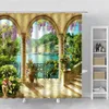 Cortinas de chuveiro europeu floral paisagem cortina flores roxas arco porta oceano edifício cenário banho banheiro banheira decor243a