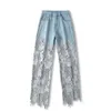 Fashion Elegant Jeans for Women High Waist Lace Patchworl Hollow Out Irregular Pantalones De Mujer Casual Loose All Match Pants 481 537