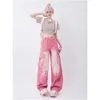 Женские джинсы, женские розовые контрастные цвета, высокая талия, американские уличные широкие брюки, модные винтажные прямые летние брюки в стиле хип-хоп