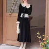 Zweiteiliges Kleid, elegantes schwarzes Rock-Set, 2-teiliges Damen-Outfit aus Samt, Frühlings-Herbst-Spitze-Patchwork-Crop-Tops und lange Röcke mit hoher Taille