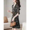 Party Dresses Summer Dress 2023 Floral Print V-ringning LACE-UP CHIC Puff Sleeve Chiffon Slim Fishtail Casual Out Going