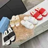 Virka Flatform Slides Designer Women Fur Mule Slippers Winter Metal Triangles Iconic Note Platform Sandaler Raffia-Effect Yarn Flip Flops