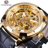 Forsining Uhr Goldene Skeleton Uhr Männliche Herren Mechanische Armbanduhren Top Marke Luxus Schwarz Echtes Leder Gürtel Leucht Hand268P