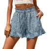 Kvinnors shorts Elastiska midjor fickor ruffle trim strand blommig tryck utdragande lösa gatakläder