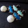 ダングルイヤリンググリーンアマゾナイトブルーアパタイト天然石淡水真珠ロングドロップシルバー925女性宝石卸売