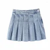 Skirts High Waist Wide Pleated Denim Skirt for Women Chic Side Button Zipper Summer 2023 Fashion A-line Mini