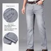 Jeans masculinos marca fina ou grossa material reto algodão estiramento denim negócios casual cintura alta luz cinza azul 230927