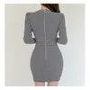 Casual Dresses Formal Black Bow Striped Pocket Long Sleeve V-neck Women Elegant Autumn/Winter Slim Bodycon Chic Work Dress