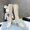 Ny triangel borstad läder nylon knästövlar chunky block klackar mandel tå snörning zip stövlar kvinnors lyxdesigners boot mode skor fabriksko storlek 35-40