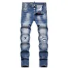 Jeans hommes Badge déchirures Stretch hommes mode coupe ajustée lavé moto Denim pantalon lambrissé Hip HOP pantalon 10200